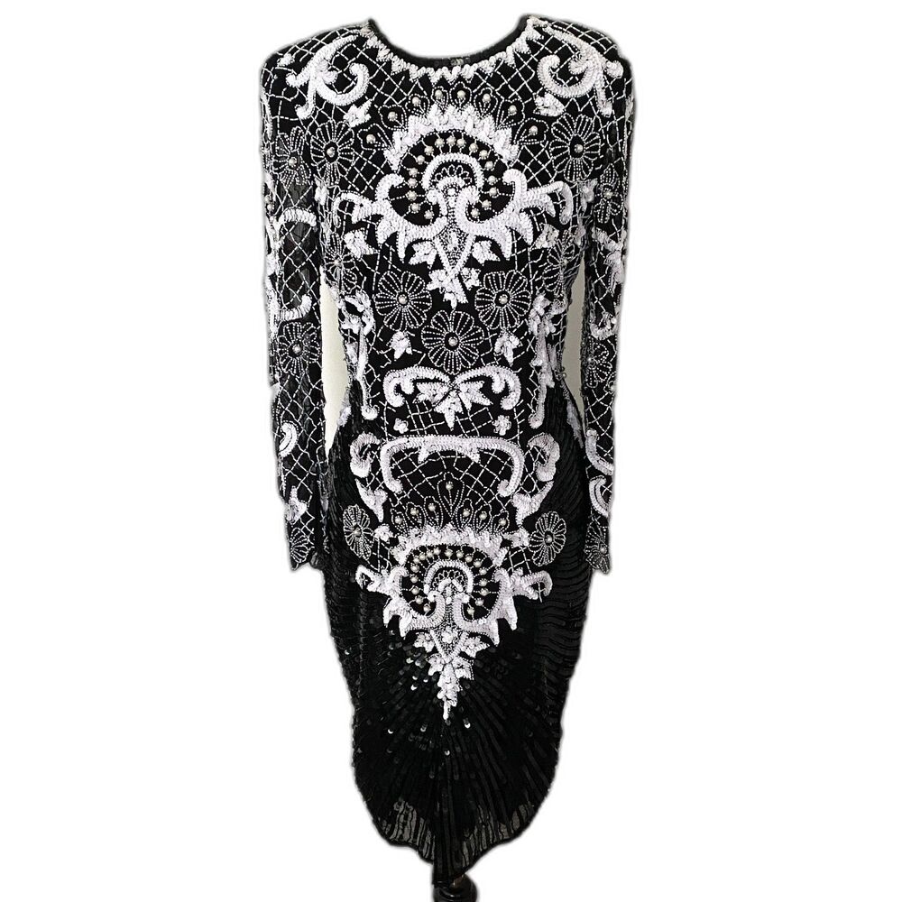 Vintage Evening by Jon Charles Beaded Sequins Long Sleeve Silk Mini Dress Sz M
